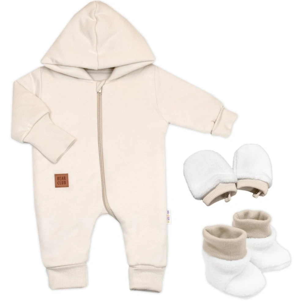 Baby Nellys Bavlněný oteplený overálek s kapucí Nature - vel.56
