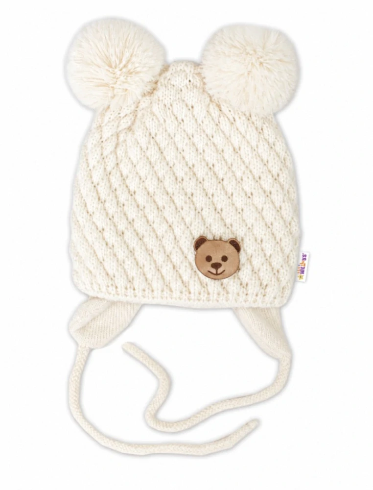 Baby Nellys Kojenecká zimní pletená čepice Teddy Bear na zavazování, ecru - 42-46cm