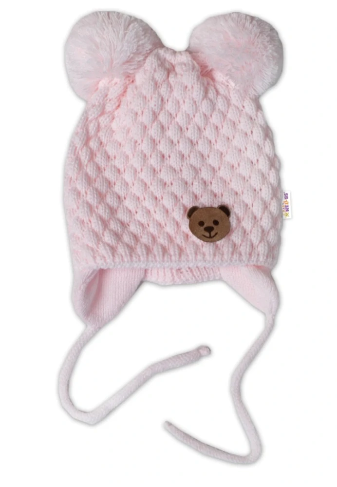 Baby Nellys Kojenecká zimní pletená čepice Teddy Bear na zavazování, růžová - 42-46cm