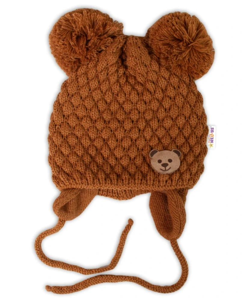 Baby Nellys Kojenecká zimní pletená čepice Teddy Bear na zavazování, hnědá - 42-46cm