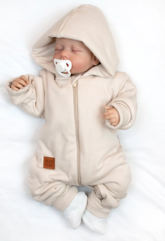 Baby Nellys Bavlněný oteplený overálek s kapucí Nature - vel.56