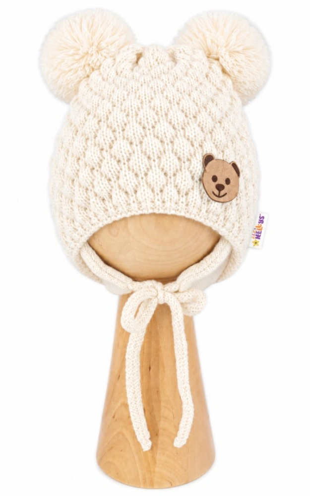 Baby Nellys Kojenecká zimní pletená čepice Teddy Bear na zavazování, ecru - 42-46cm
