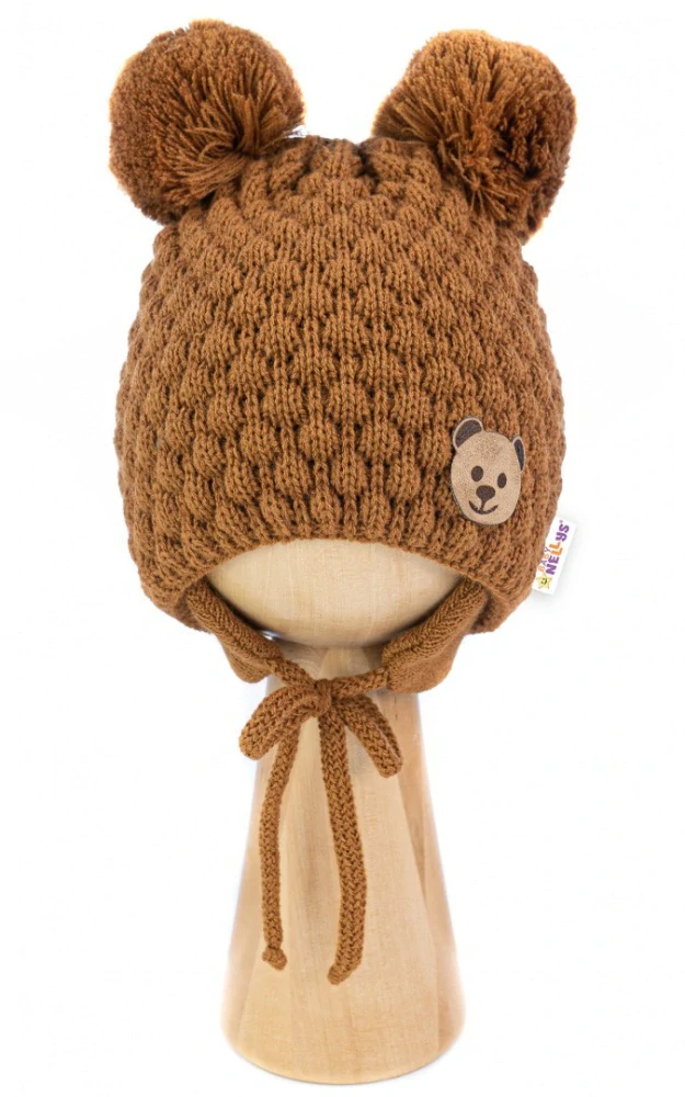 Baby Nellys Kojenecká zimní pletená čepice Teddy Bear na zavazování, hnědá - 42-46cm