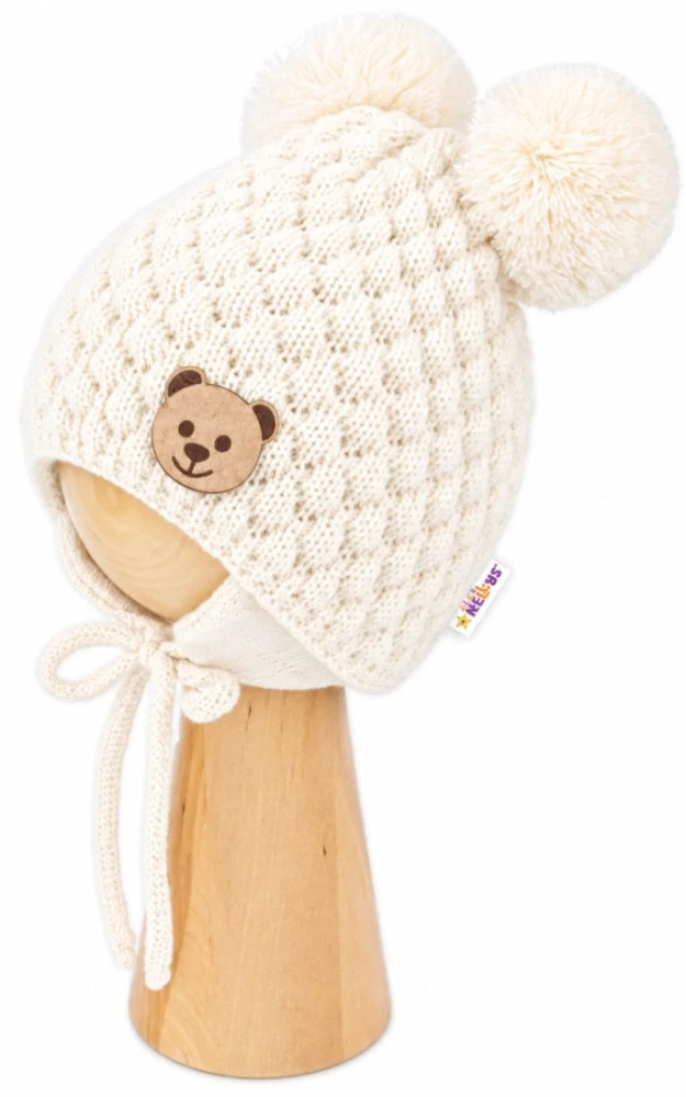 Baby Nellys Kojenecká zimní pletená čepice Teddy Bear na zavazování, ecru - 42-46cm