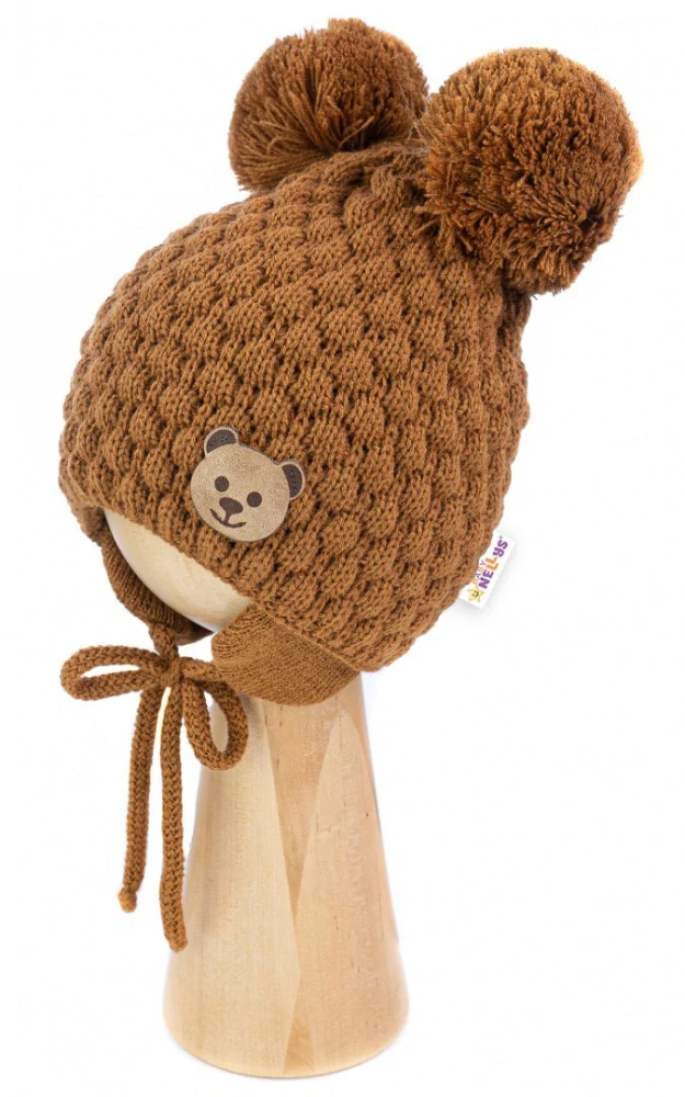 Baby Nellys Kojenecká zimní pletená čepice Teddy Bear na zavazování, hnědá - 42-46cm