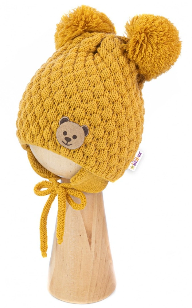 Baby Nellys Kojenecká zimní pletená čepice Teddy Bear na zavazování, hořčicová - 42-46cm
