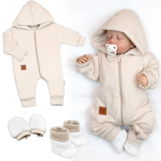 Baby Nellys Bavlněný oteplený overálek s kapucí Nature - vel.56