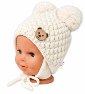 Baby Nellys Kojenecká zimní pletená čepice Teddy Bear na zavazování, ecru - 38-42cm