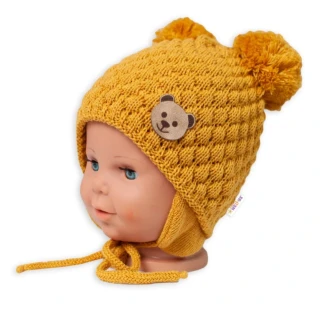 Baby Nellys Kojenecká zimní pletená čepice Teddy Bear na zavazování, hořčicová - 42-46cm